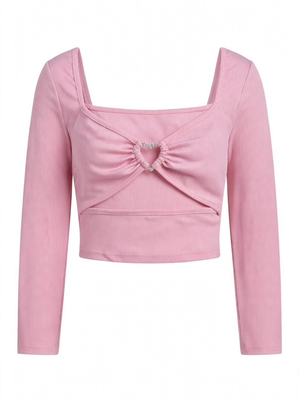 SHEIN Pink Ribbed Square Neck Long Sleeve Crop Top with Heart Accent
